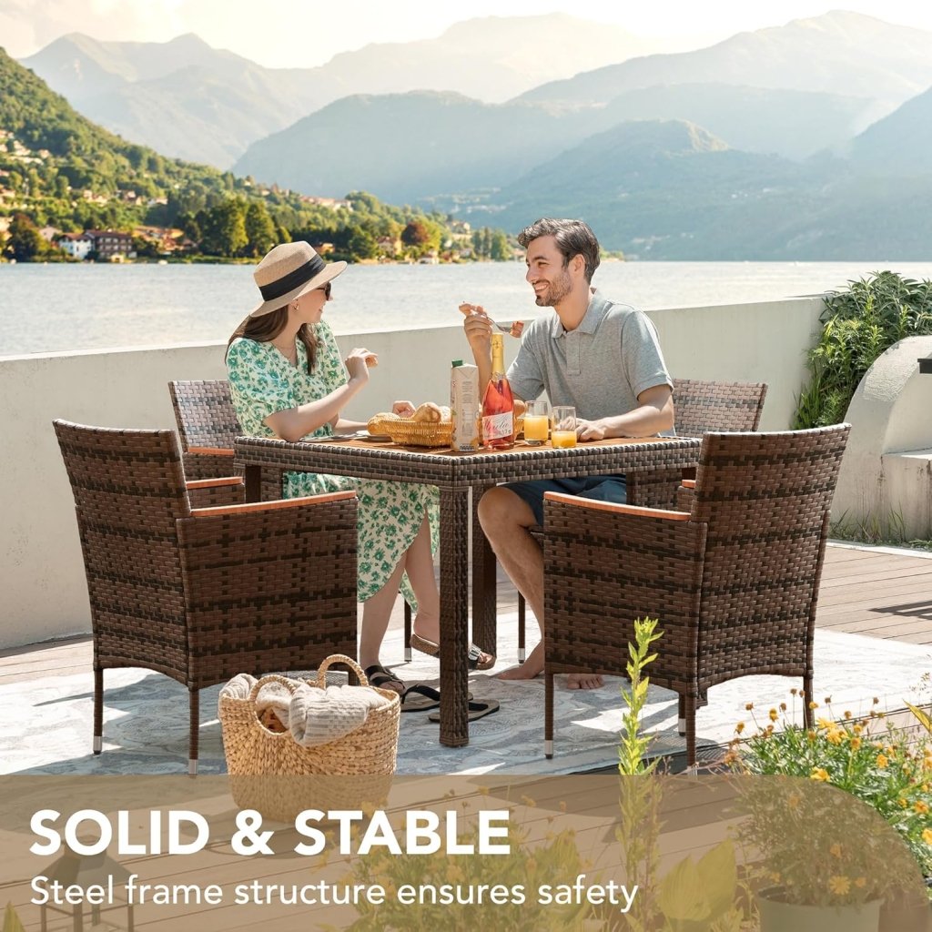 Devoko Dining 7 PCS Furniture, Patio Conversation Set with Acacia Wood Table Top, Rattan Outdoor, Black - Wigtrends