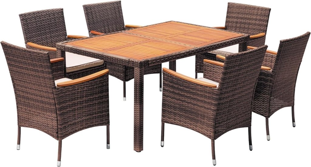 Devoko Dining 7 PCS Furniture, Patio Conversation Set with Acacia Wood Table Top, Rattan Outdoor, Black - Wigtrends