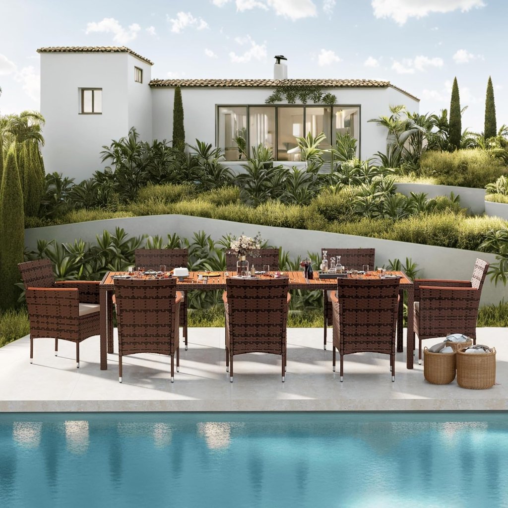 Devoko Dining 7 PCS Furniture, Patio Conversation Set with Acacia Wood Table Top, Rattan Outdoor, Black - Wigtrends