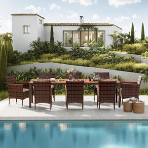 Devoko Dining 7 PCS Furniture, Patio Conversation Set with Acacia Wood Table Top, Rattan Outdoor, Black - Wigtrends