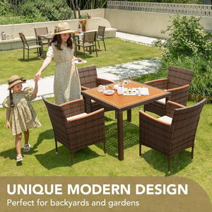 Devoko Dining 7 PCS Furniture, Patio Conversation Set with Acacia Wood Table Top, Rattan Outdoor, Black - Wigtrends