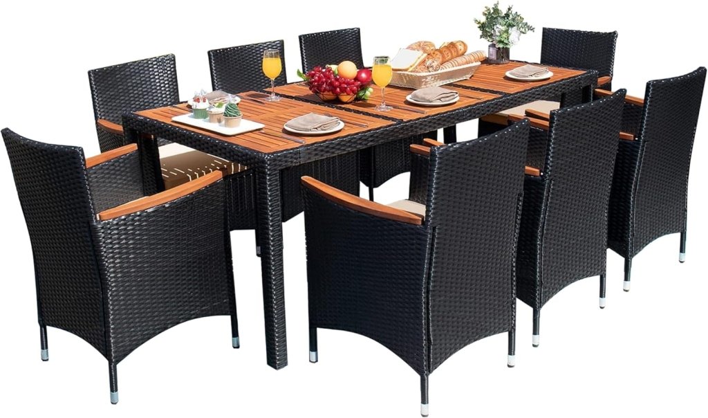 Devoko Dining 7 PCS Furniture, Patio Conversation Set with Acacia Wood Table Top, Rattan Outdoor, Black - Wigtrends
