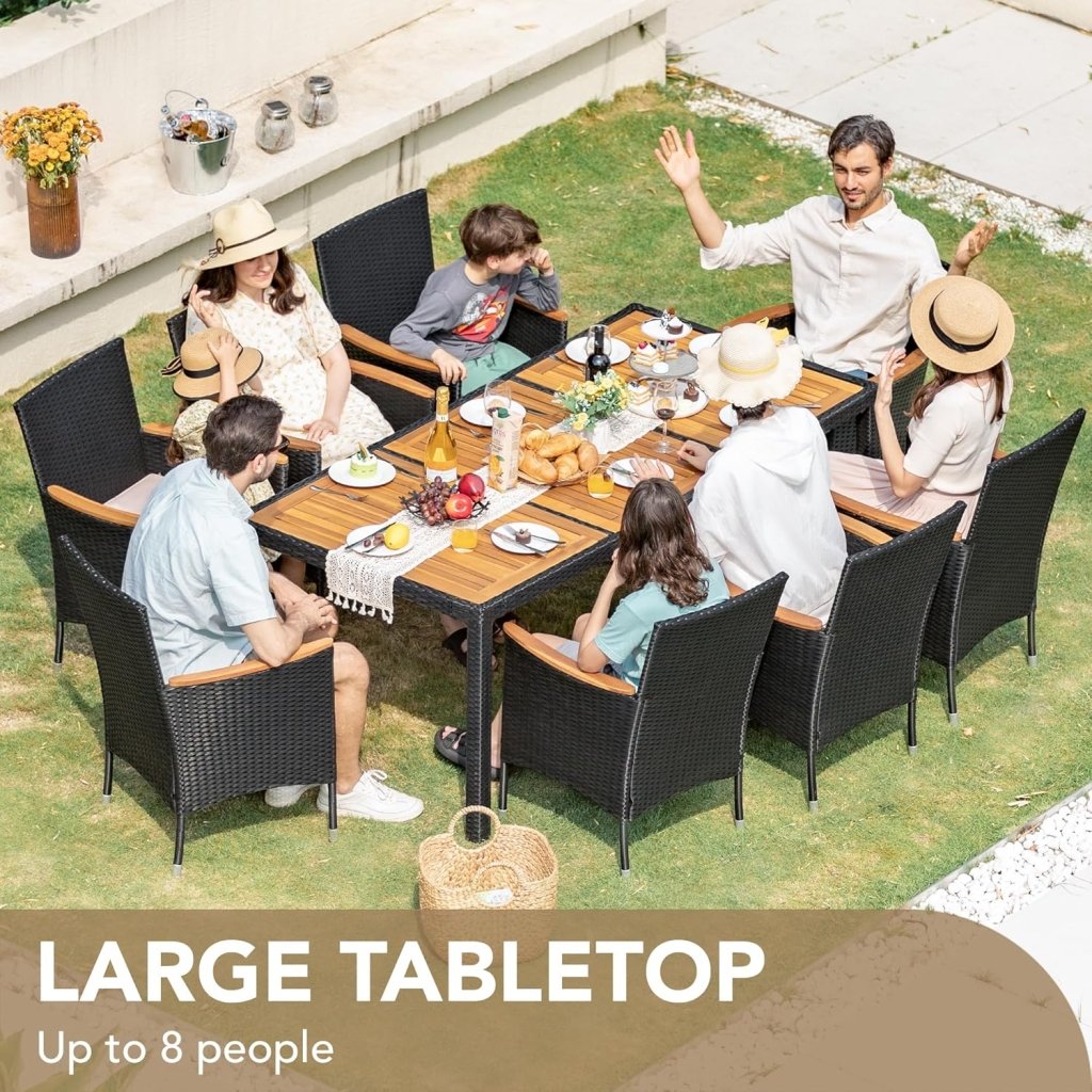 Devoko Dining 7 PCS Furniture, Patio Conversation Set with Acacia Wood Table Top, Rattan Outdoor, Black - Wigtrends