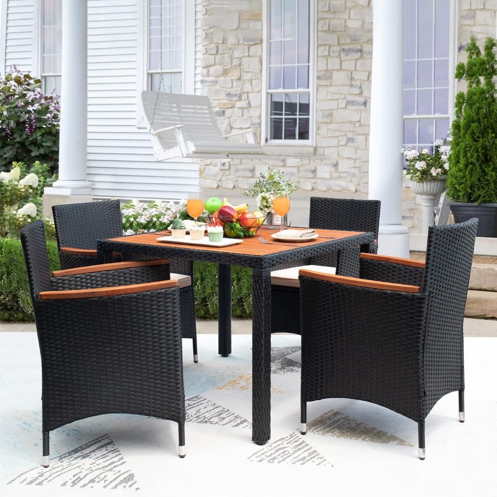 Devoko Dining 7 PCS Furniture, Patio Conversation Set with Acacia Wood Table Top, Rattan Outdoor, Black - Wigtrends