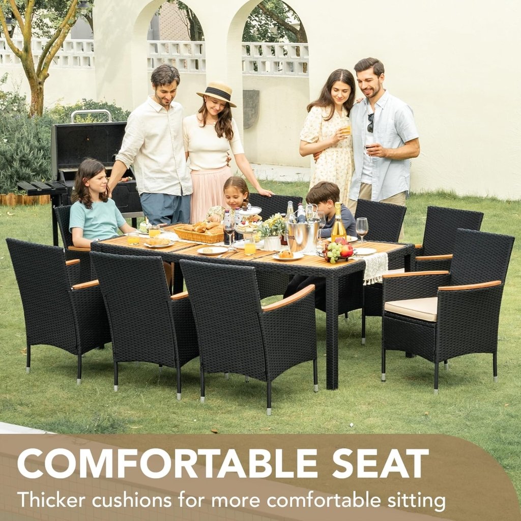 Devoko Dining 7 PCS Furniture, Patio Conversation Set with Acacia Wood Table Top, Rattan Outdoor, Black - Wigtrends