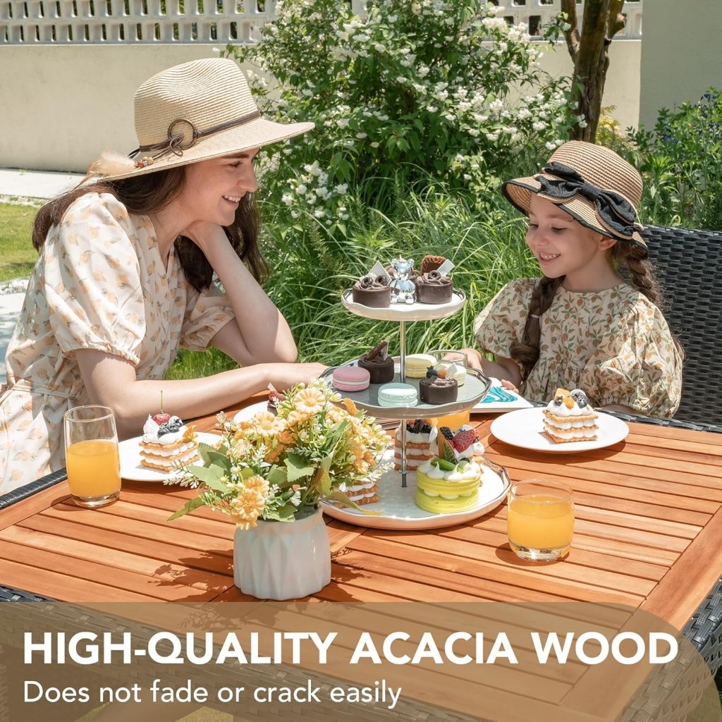 Devoko Dining 7 PCS Furniture, Patio Conversation Set with Acacia Wood Table Top, Rattan Outdoor, Black - Wigtrends