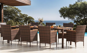 Devoko Dining 7 PCS Furniture, Patio Conversation Set with Acacia Wood Table Top, Rattan Outdoor, Black - Wigtrends