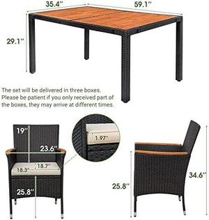 Devoko Dining 7 PCS Furniture, Patio Conversation Set with Acacia Wood Table Top, Rattan Outdoor, Black - Wigtrends