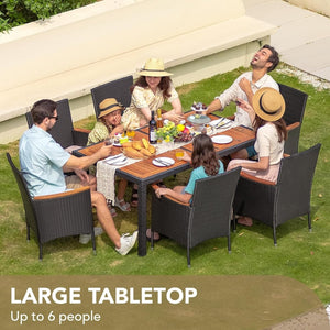 Devoko Dining 7 PCS Furniture, Patio Conversation Set with Acacia Wood Table Top, Rattan Outdoor, Black - Wigtrends