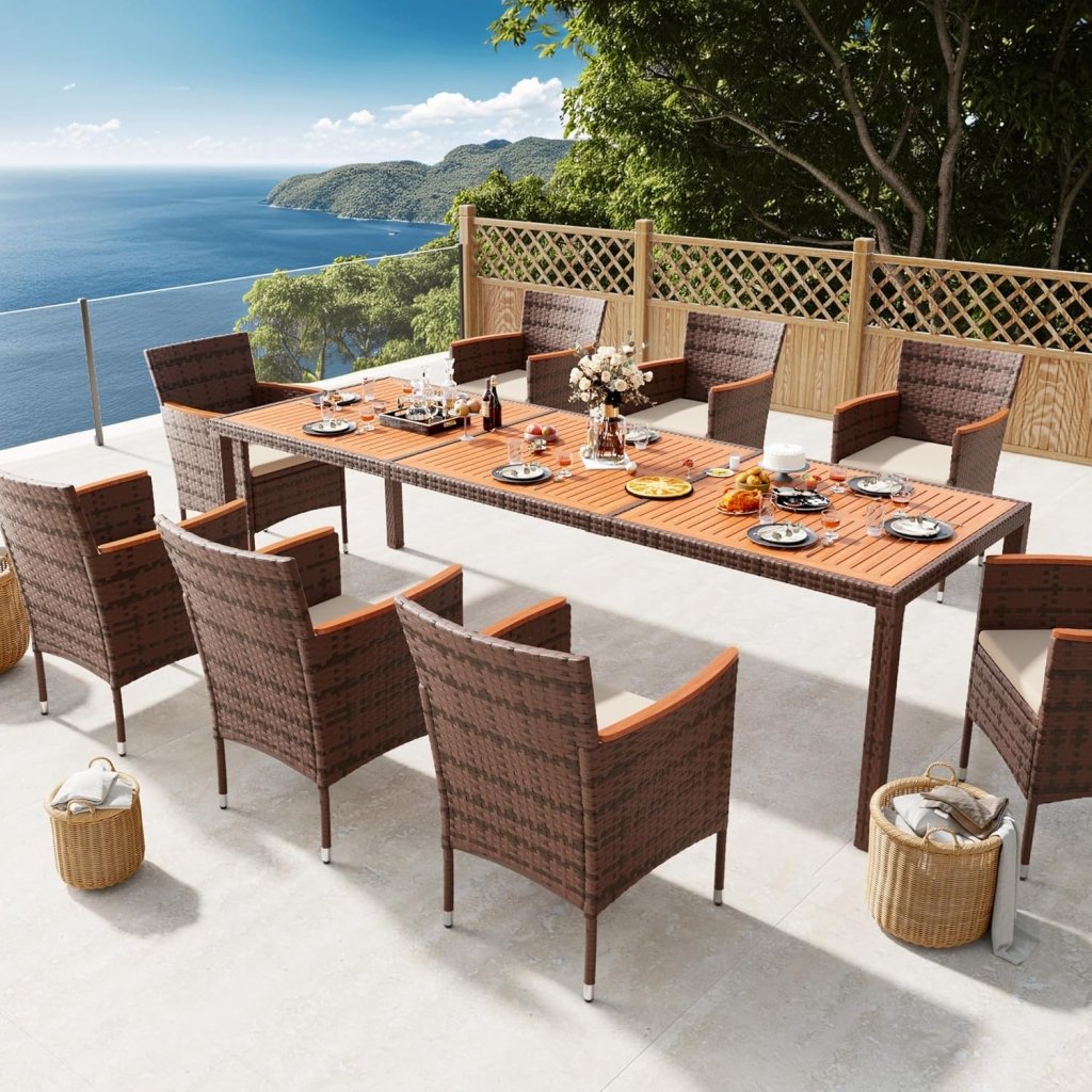Devoko Dining 7 PCS Furniture, Patio Conversation Set with Acacia Wood Table Top, Rattan Outdoor, Black - Wigtrends
