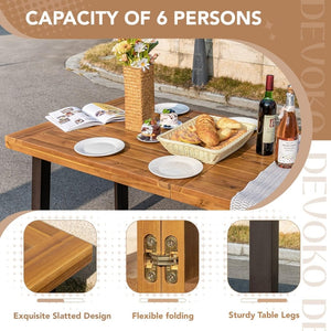 Devoko Home Acacia Wood Dining Table 6 - Person Indoor Outdoor Table with Iron Legs, Sandblast Finish, Natural Stained, Rustic Metal, 69 * 33 * 30 inch (Natural) - Wigtrends
