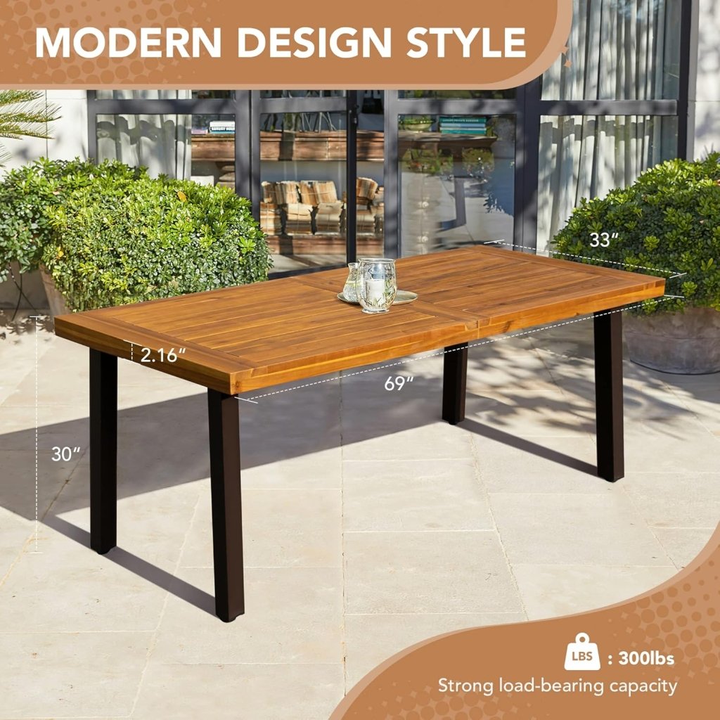 Devoko Home Acacia Wood Dining Table 6 - Person Indoor Outdoor Table with Iron Legs, Sandblast Finish, Natural Stained, Rustic Metal, 69 * 33 * 30 inch (Natural) - Wigtrends