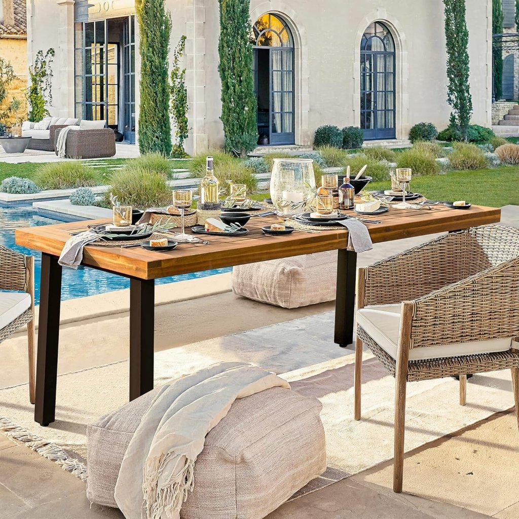 Devoko Home Acacia Wood Dining Table 6 - Person Indoor Outdoor Table with Iron Legs, Sandblast Finish, Natural Stained, Rustic Metal, 69 * 33 * 30 inch (Natural) - Wigtrends