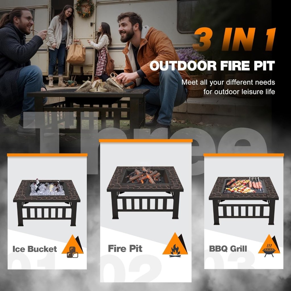 Devoko Outdoor Fire Pit, 32 Inch Firepit Table Metal Outdoor Fireplaces with Waterproof Cover for Outside Patio Camping - Wigtrends