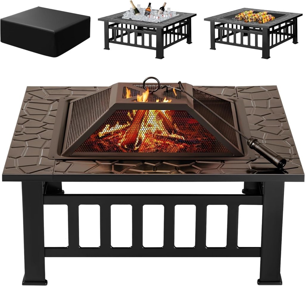 Devoko Outdoor Fire Pit, 32 Inch Firepit Table Metal Outdoor Fireplaces with Waterproof Cover for Outside Patio Camping - Wigtrends