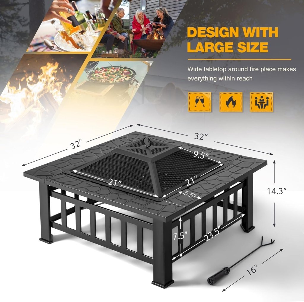 Devoko Outdoor Fire Pit, 32 Inch Firepit Table Metal Outdoor Fireplaces with Waterproof Cover for Outside Patio Camping - Wigtrends