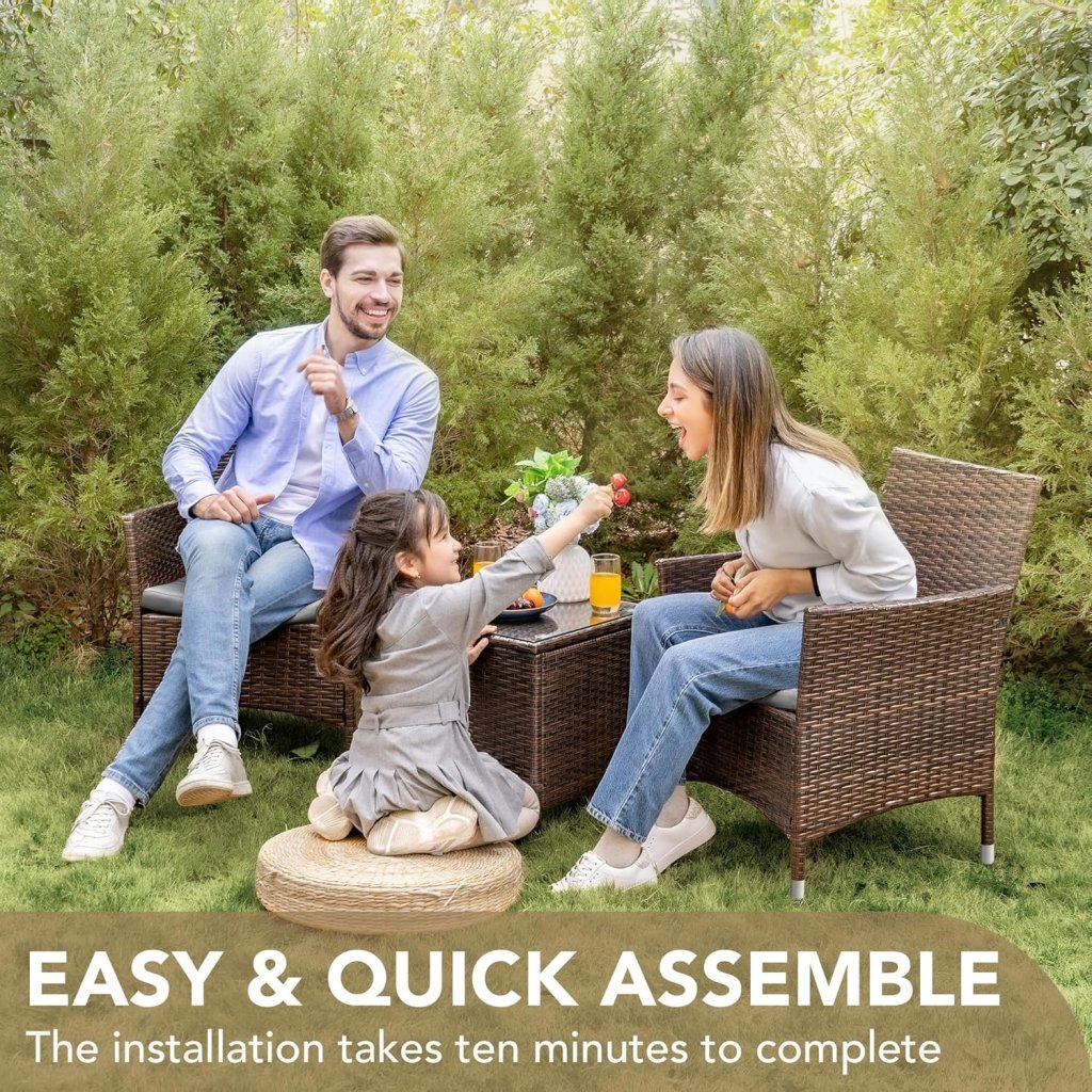 Devoko Patio Porch Furniture Sets 3 Pieces PE Rattan Wicker Chairs with Table Outdoor Garden Furniture Sets (Brown/Beige) - Wigtrends