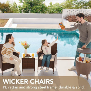 Devoko Patio Porch Furniture Sets 3 Pieces PE Rattan Wicker Chairs with Table Outdoor Garden Furniture Sets (Brown/Beige) - Wigtrends
