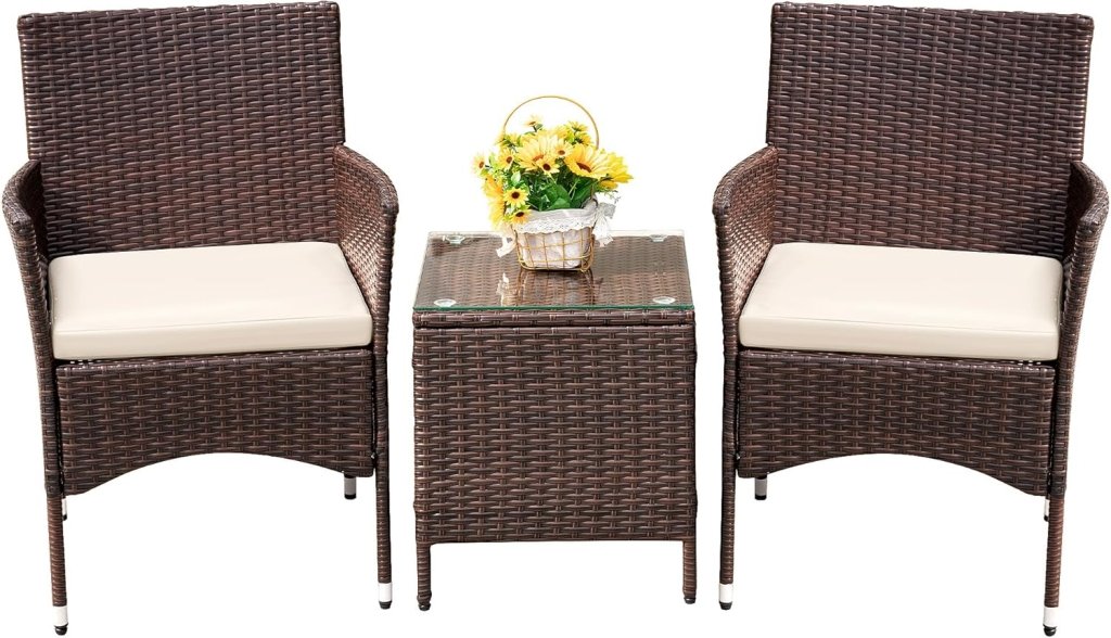 Devoko Patio Porch Furniture Sets 3 Pieces PE Rattan Wicker Chairs with Table Outdoor Garden Furniture Sets (Brown/Beige) - Wigtrends