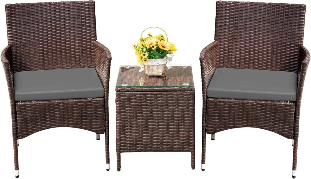 Devoko Patio Porch Furniture Sets 3 Pieces PE Rattan Wicker Chairs with Table Outdoor Garden Furniture Sets (Brown/Beige) - Wigtrends