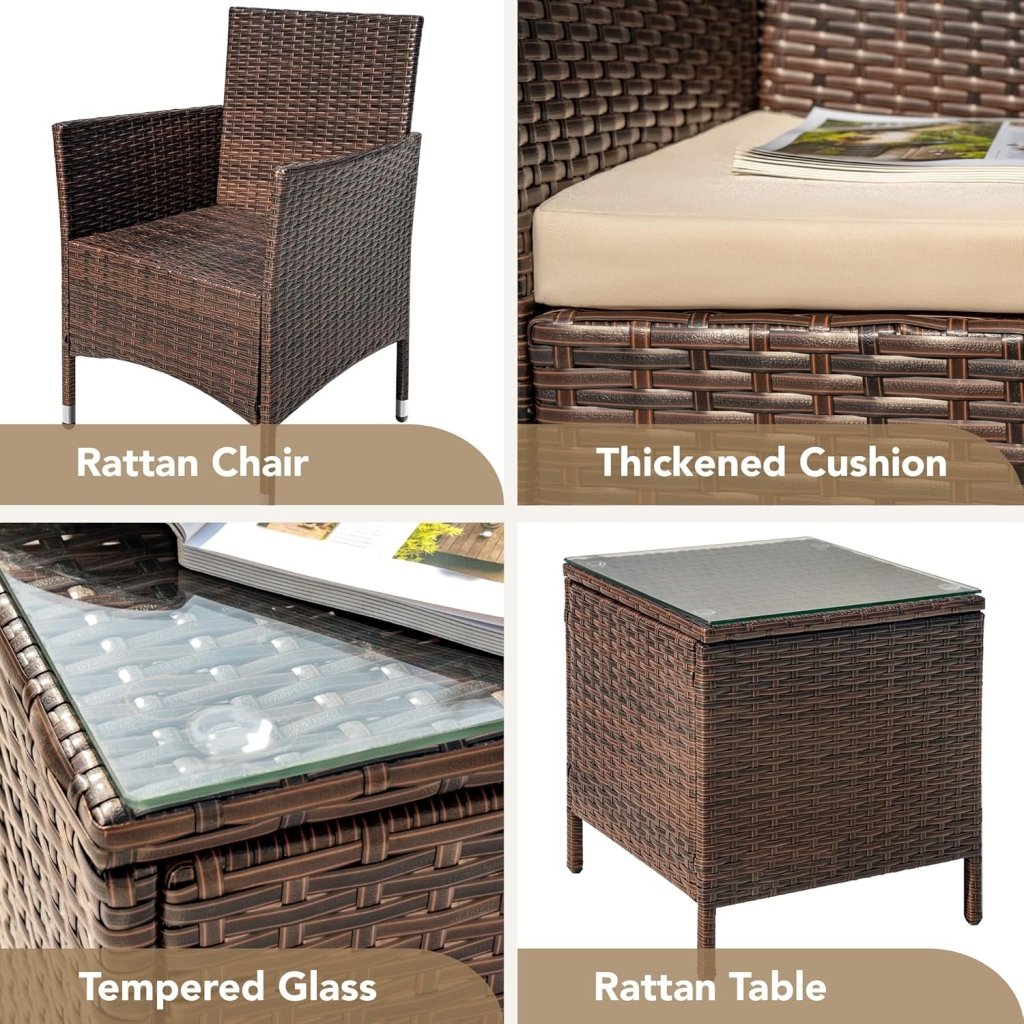 Devoko Patio Porch Furniture Sets 3 Pieces PE Rattan Wicker Chairs with Table Outdoor Garden Furniture Sets (Brown/Beige) - Wigtrends