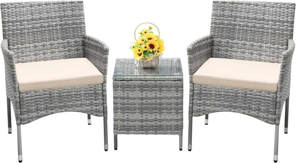Devoko Patio Porch Furniture Sets 3 Pieces PE Rattan Wicker Chairs with Table Outdoor Garden Furniture Sets (Brown/Beige) - Wigtrends