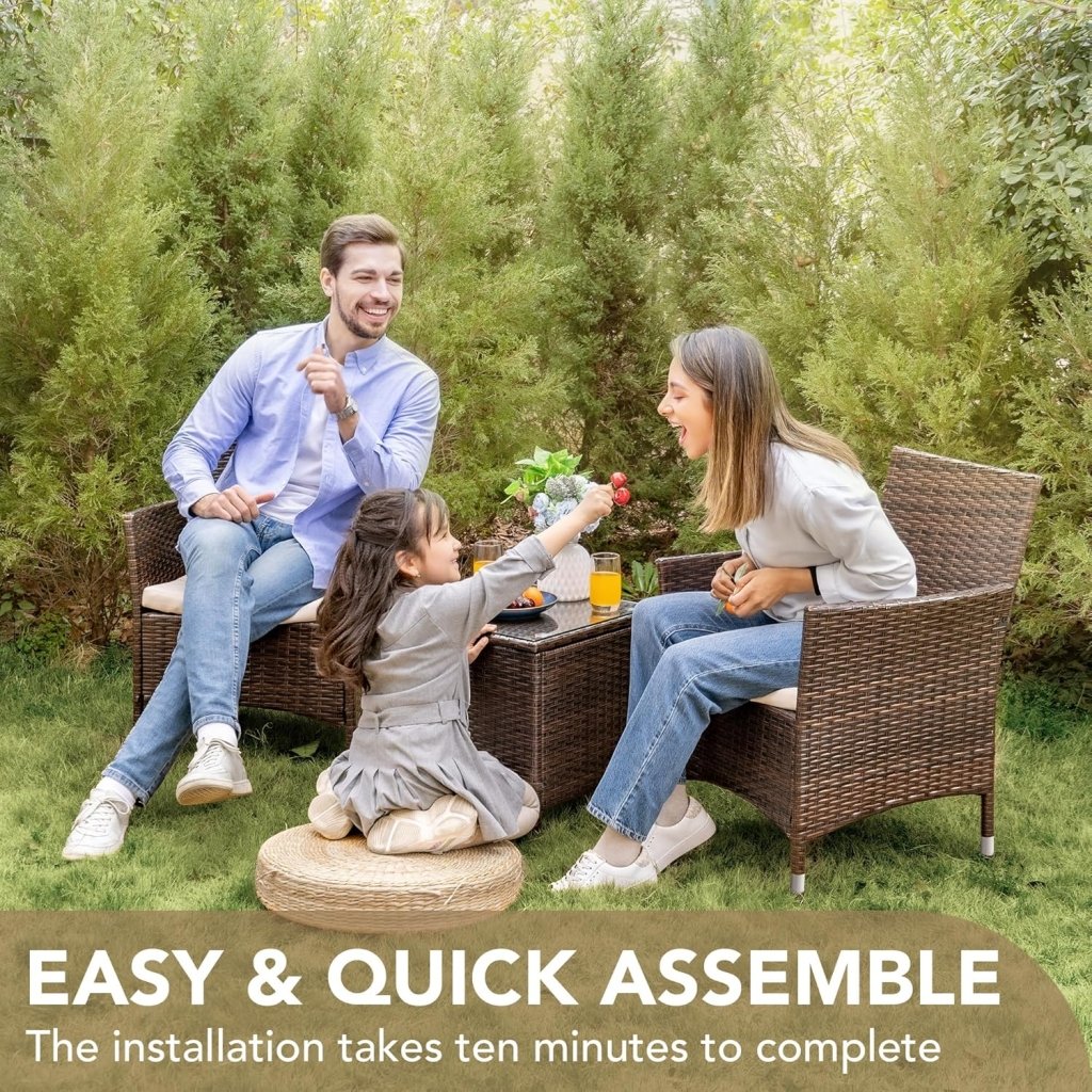 Devoko Patio Porch Furniture Sets 3 Pieces PE Rattan Wicker Chairs with Table Outdoor Garden Furniture Sets (Brown/Beige) - Wigtrends
