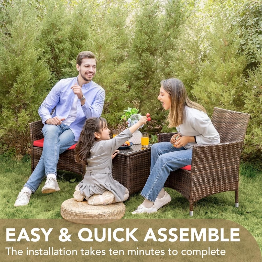 Devoko Patio Porch Furniture Sets 3 Pieces PE Rattan Wicker Chairs with Table Outdoor Garden Furniture Sets (Brown/Beige) - Wigtrends