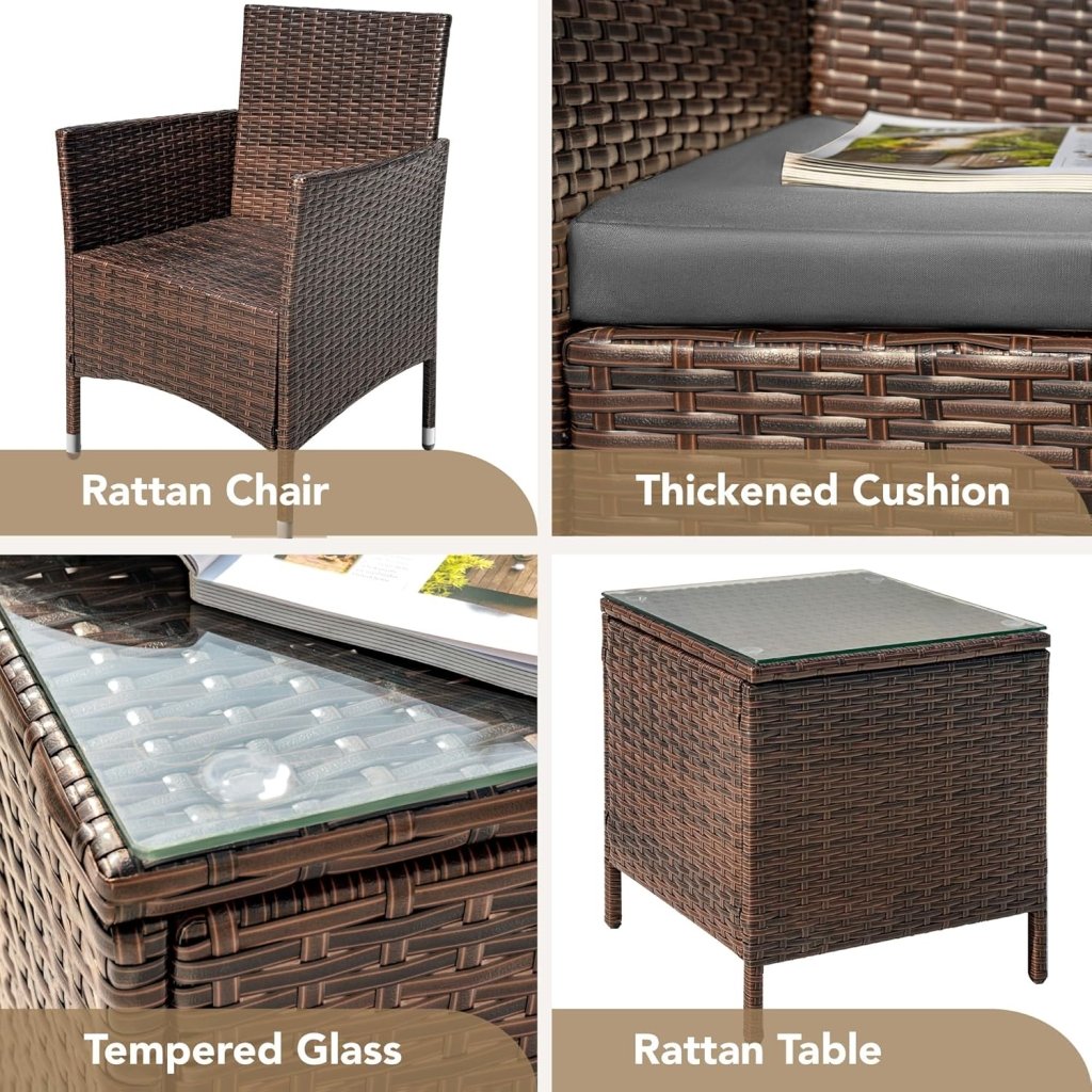 Devoko Patio Porch Furniture Sets 3 Pieces PE Rattan Wicker Chairs with Table Outdoor Garden Furniture Sets (Brown/Beige) - Wigtrends