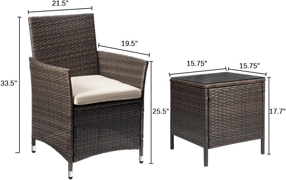 Devoko Patio Porch Furniture Sets 3 Pieces PE Rattan Wicker Chairs with Table Outdoor Garden Furniture Sets (Brown/Beige) - Wigtrends