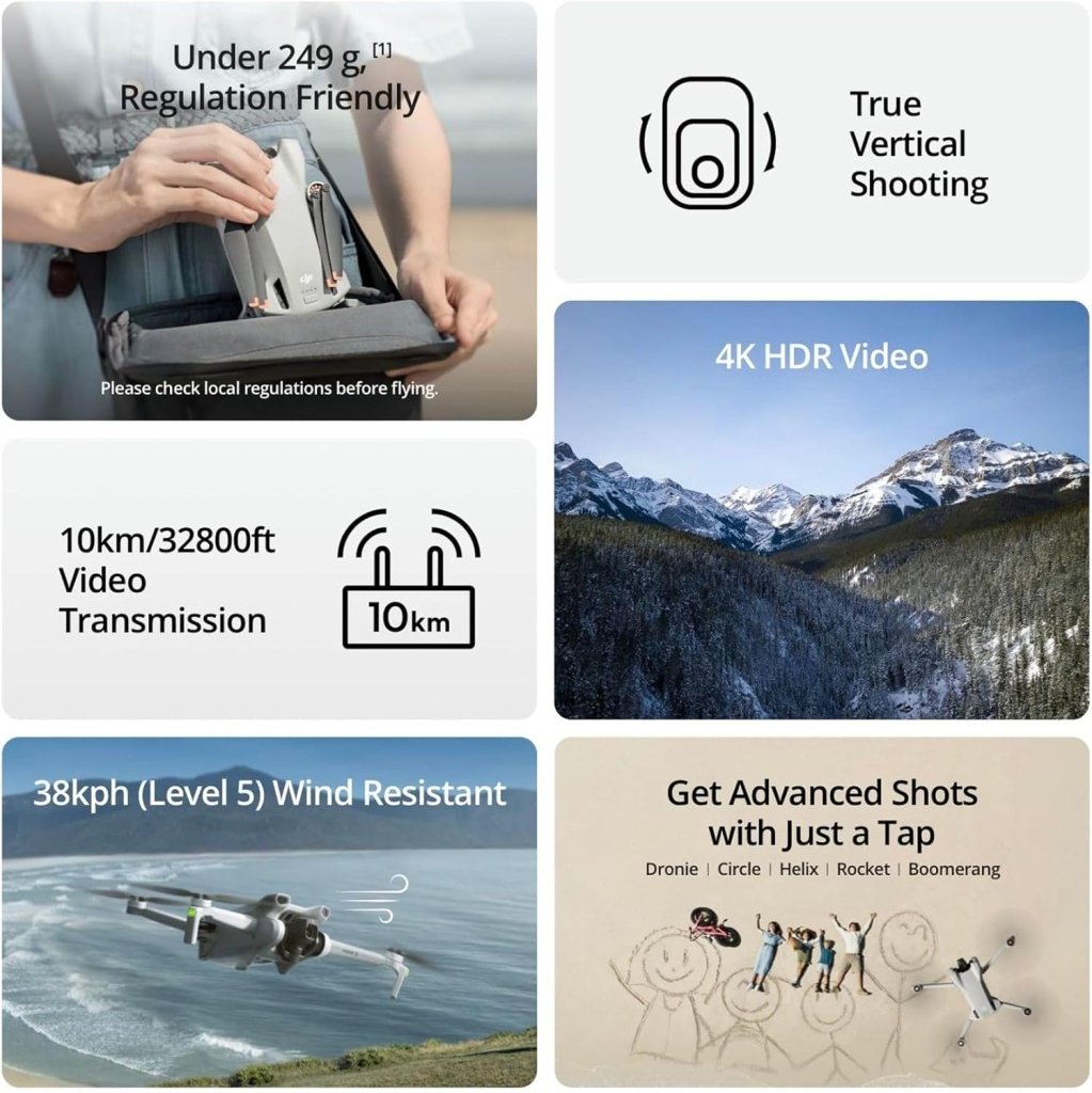 DJI Mini 3, Drones with Camera for Adults 4K, 38 - min Flight Time, up to 32800ft (10km) Video Transmission, True Vertical Shooting, GPS Auto Return Integrated, Mini Drone with Camera for Beginners - Wigtrends