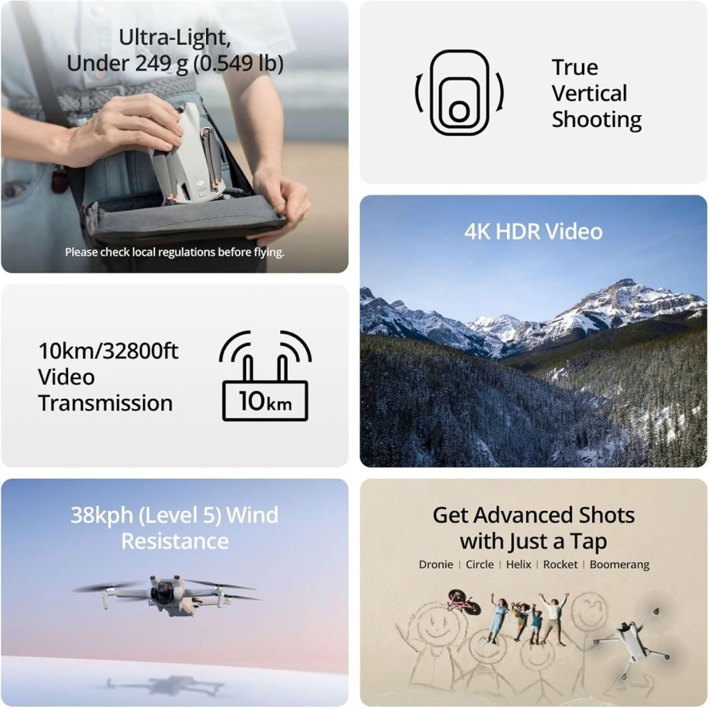 DJI Mini 3, Drones with Camera for Adults 4K, 38 - min Flight Time, up to 32800ft (10km) Video Transmission, True Vertical Shooting, GPS Auto Return Integrated, Mini Drone with Camera for Beginners - Wigtrends