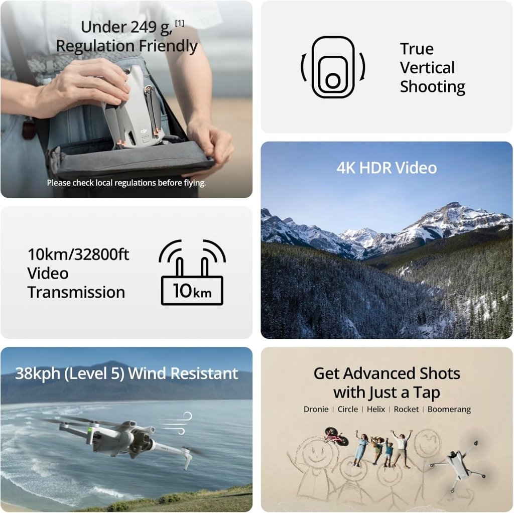 DJI Mini 3, Drones with Camera for Adults 4K, 38 - min Flight Time, up to 32800ft (10km) Video Transmission, True Vertical Shooting, GPS Auto Return Integrated, Mini Drone with Camera for Beginners - Wigtrends
