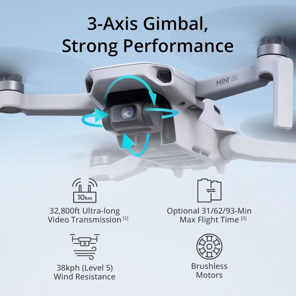 DJI Mini 4K, Drone with 4K UHD Camera for Adults, Under 249 g, 3 - Axis Gimbal Stabilization, 10km Video Transmission, Auto Return, Wind Resistance, 1 Battery for 31 - Min Max Flight Time, Intelligent Flight - Wigtrends