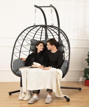 Double Egg Chair wth Stand Hammock Swing Chair Foldable Hanging Loveseat, UV Resistant Removable Cushions, 700LBS Capacity for Bedroom - Wigtrends