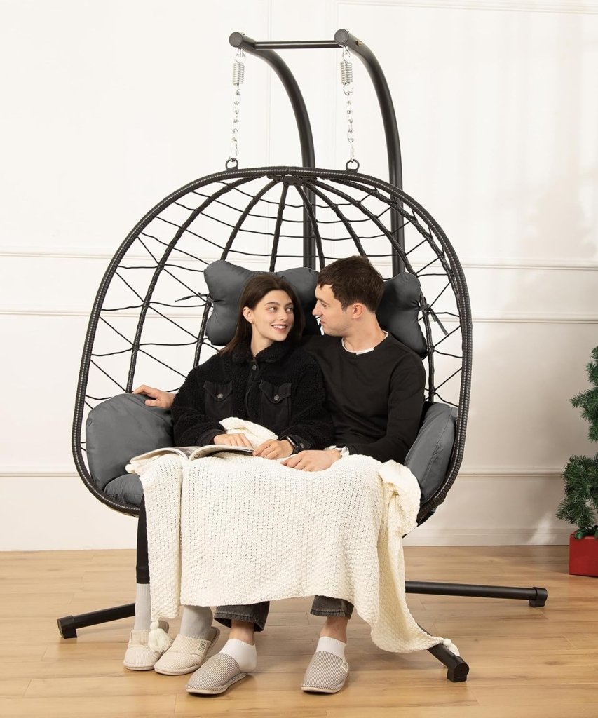 Double Egg Chair wth Stand Hammock Swing Chair Foldable Hanging Loveseat, UV Resistant Removable Cushions, 700LBS Capacity for Bedroom - Wigtrends