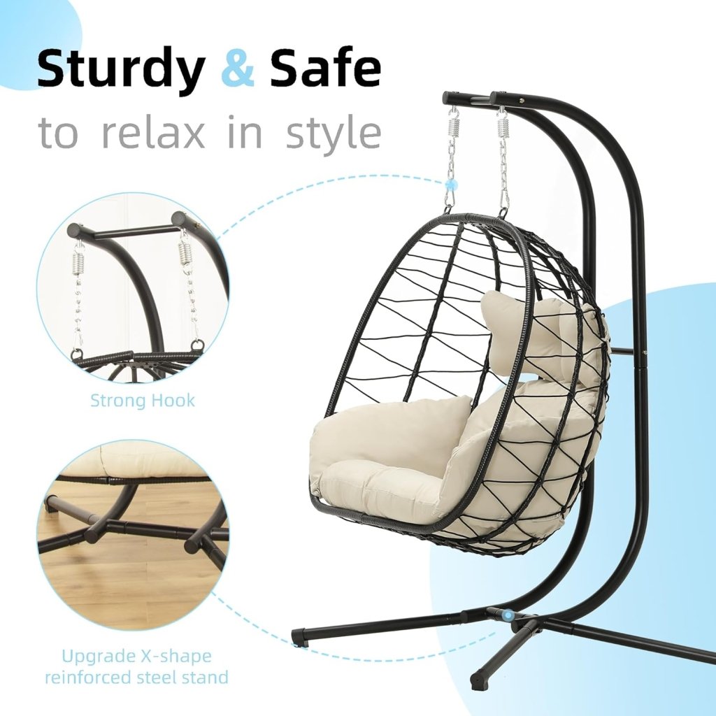 Double Egg Chair wth Stand Hammock Swing Chair Foldable Hanging Loveseat, UV Resistant Removable Cushions, 700LBS Capacity for Bedroom - Wigtrends
