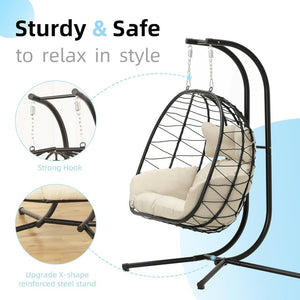 Double Egg Chair wth Stand Hammock Swing Chair Foldable Hanging Loveseat, UV Resistant Removable Cushions, 700LBS Capacity for Bedroom - Wigtrends