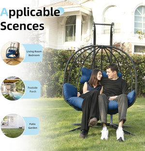Double Egg Chair wth Stand Hammock Swing Chair Foldable Hanging Loveseat, UV Resistant Removable Cushions, 700LBS Capacity for Bedroom - Wigtrends