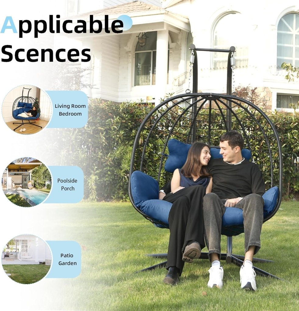 Double Egg Chair wth Stand Hammock Swing Chair Foldable Hanging Loveseat, UV Resistant Removable Cushions, 700LBS Capacity for Bedroom - Wigtrends