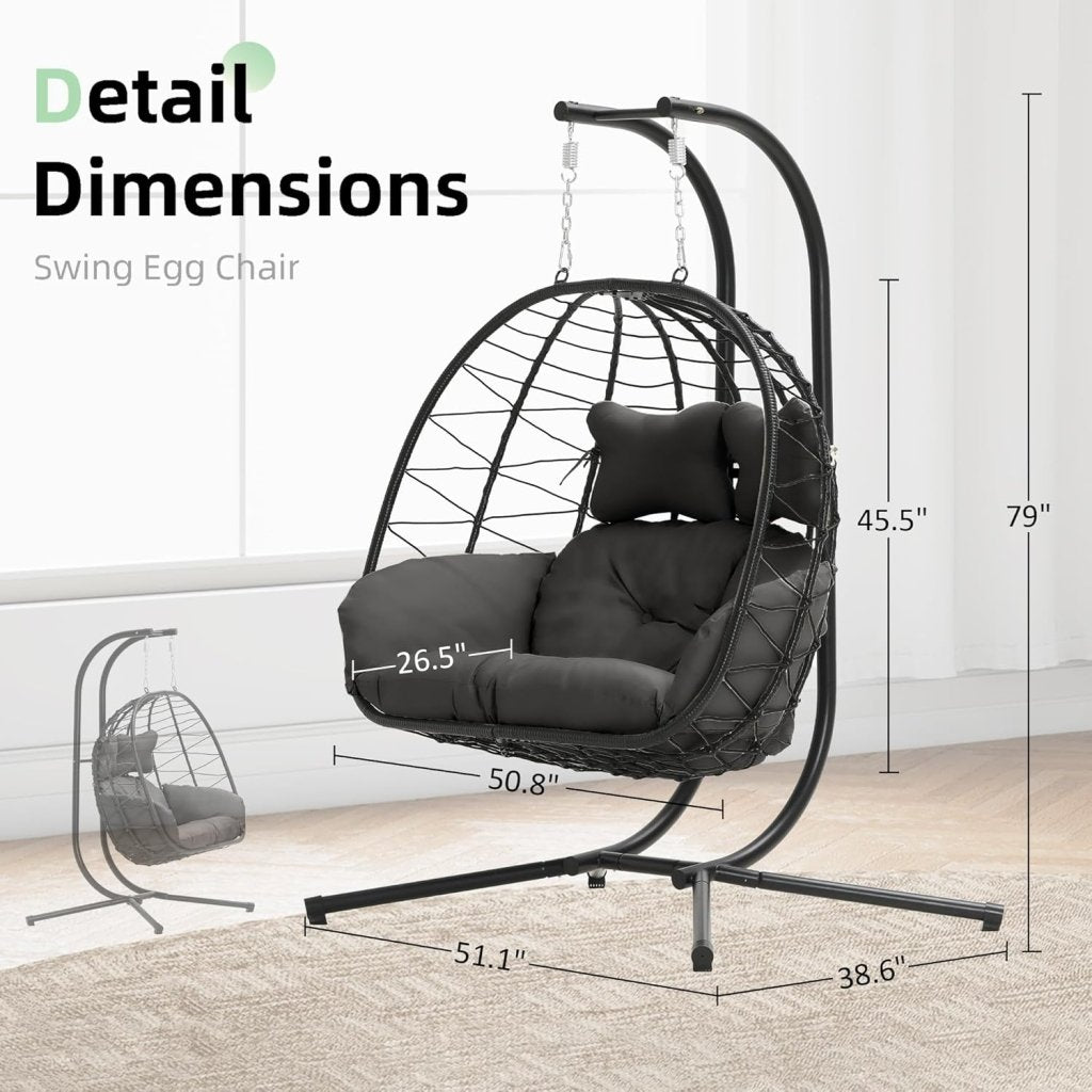 Double Egg Chair wth Stand Hammock Swing Chair Foldable Hanging Loveseat, UV Resistant Removable Cushions, 700LBS Capacity for Bedroom - Wigtrends