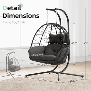 Double Egg Chair wth Stand Hammock Swing Chair Foldable Hanging Loveseat, UV Resistant Removable Cushions, 700LBS Capacity for Bedroom - Wigtrends