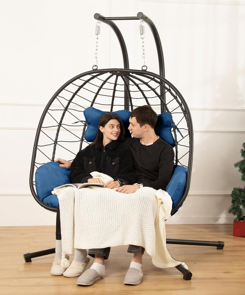 Double Egg Chair wth Stand Hammock Swing Chair Foldable Hanging Loveseat, UV Resistant Removable Cushions, 700LBS Capacity for Bedroom - Wigtrends