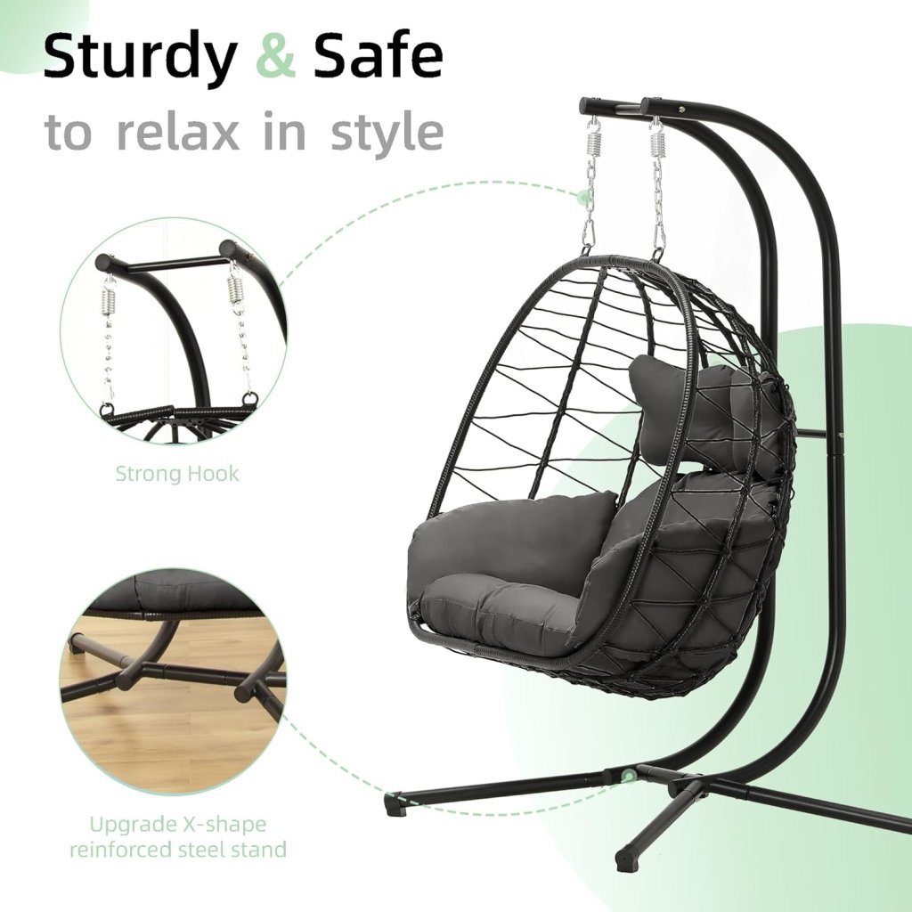 Double Egg Chair wth Stand Hammock Swing Chair Foldable Hanging Loveseat, UV Resistant Removable Cushions, 700LBS Capacity for Bedroom - Wigtrends