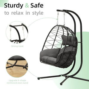 Double Egg Chair wth Stand Hammock Swing Chair Foldable Hanging Loveseat, UV Resistant Removable Cushions, 700LBS Capacity for Bedroom - Wigtrends