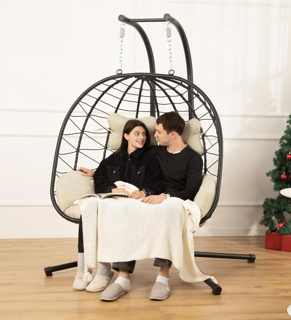 Double Egg Chair wth Stand Hammock Swing Chair Foldable Hanging Loveseat, UV Resistant Removable Cushions, 700LBS Capacity for Bedroom - Wigtrends