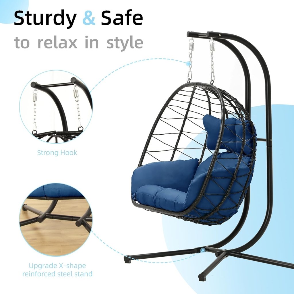 Double Egg Chair wth Stand Hammock Swing Chair Foldable Hanging Loveseat, UV Resistant Removable Cushions, 700LBS Capacity for Bedroom - Wigtrends