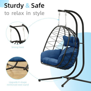 Double Egg Chair wth Stand Hammock Swing Chair Foldable Hanging Loveseat, UV Resistant Removable Cushions, 700LBS Capacity for Bedroom - Wigtrends