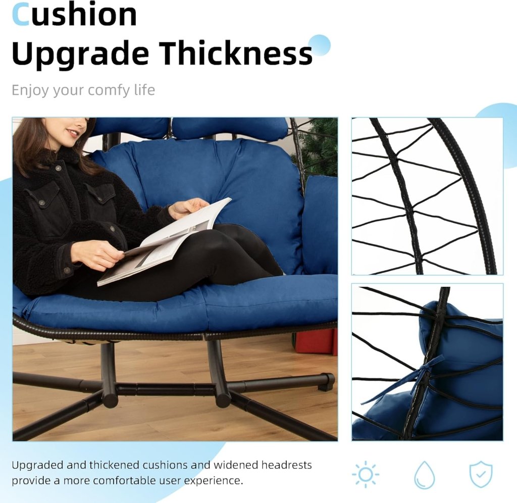 Double Egg Chair wth Stand Hammock Swing Chair Foldable Hanging Loveseat, UV Resistant Removable Cushions, 700LBS Capacity for Bedroom - Wigtrends