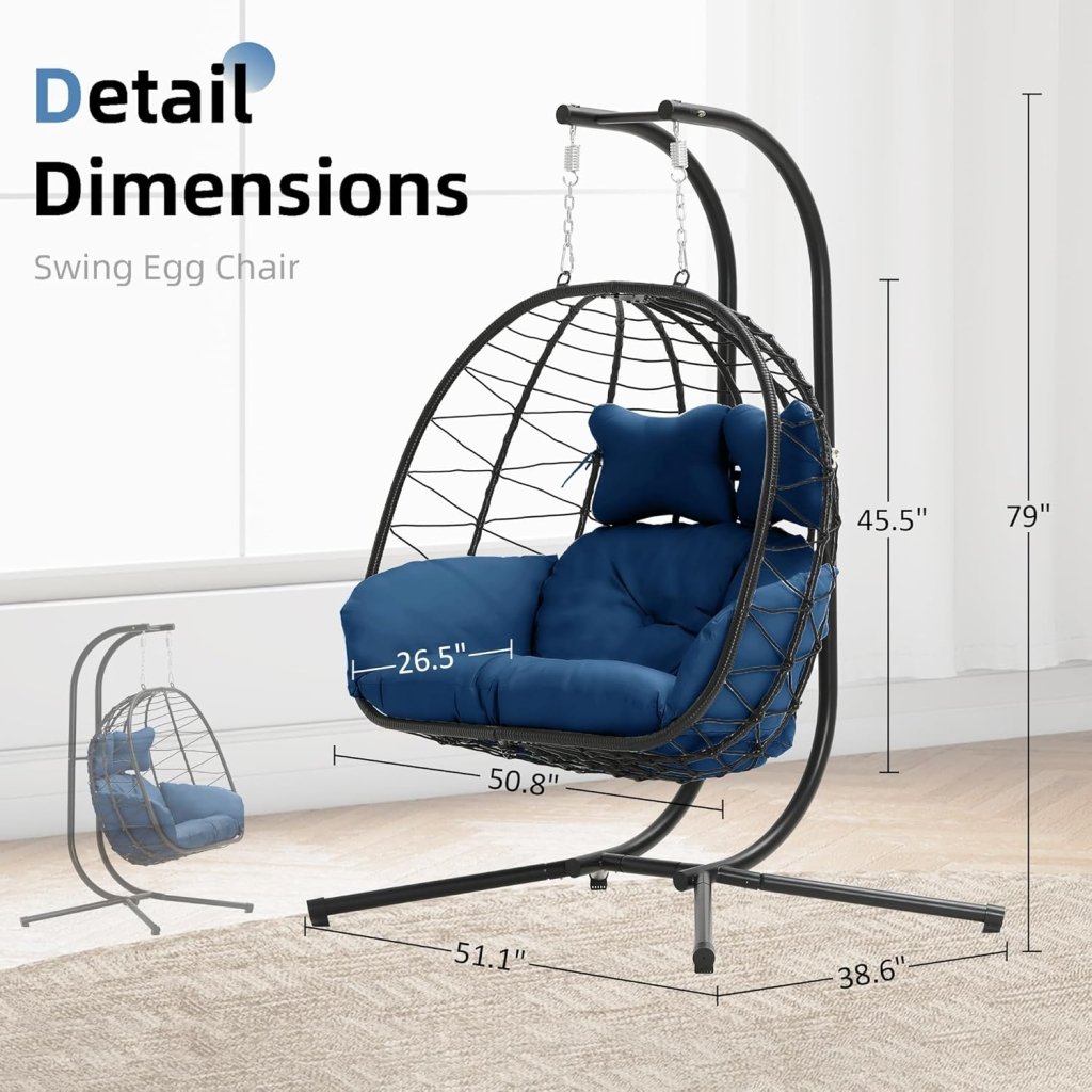 Double Egg Chair wth Stand Hammock Swing Chair Foldable Hanging Loveseat, UV Resistant Removable Cushions, 700LBS Capacity for Bedroom - Wigtrends